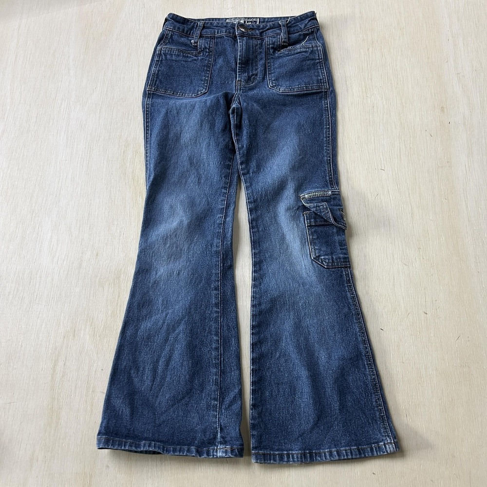 Y2K Lee 5 Star Workwear Cargo Flare Jeans Junior 23 Med Wash Relaxed Denim